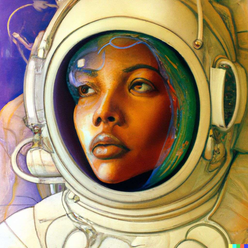 an astronaut, painting by Alphonse Mucha